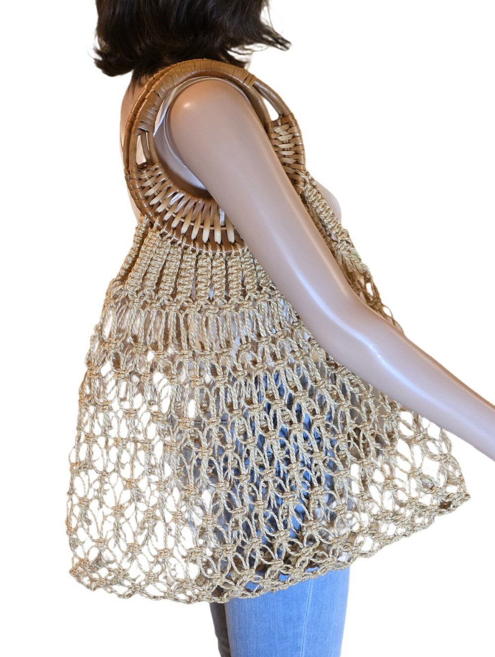 VTG Boho Macrame Straw Net Shoulder Bag Wooden Handle EUC - Picture 3 of 16